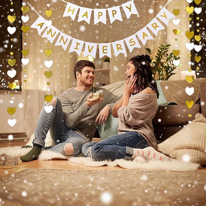 Happy Anniversary Banner Balloons Wedding Love Party and Background Indoor Outdoor Decorations (Gold White Heart)