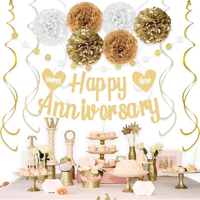 KOKAR Happy Anniversary Decorations – Gold Happy Anniversary Banner, Paper Pom Poms, Hanging Swirls and Glitter Circle Dots Garland for Wedding Decorations