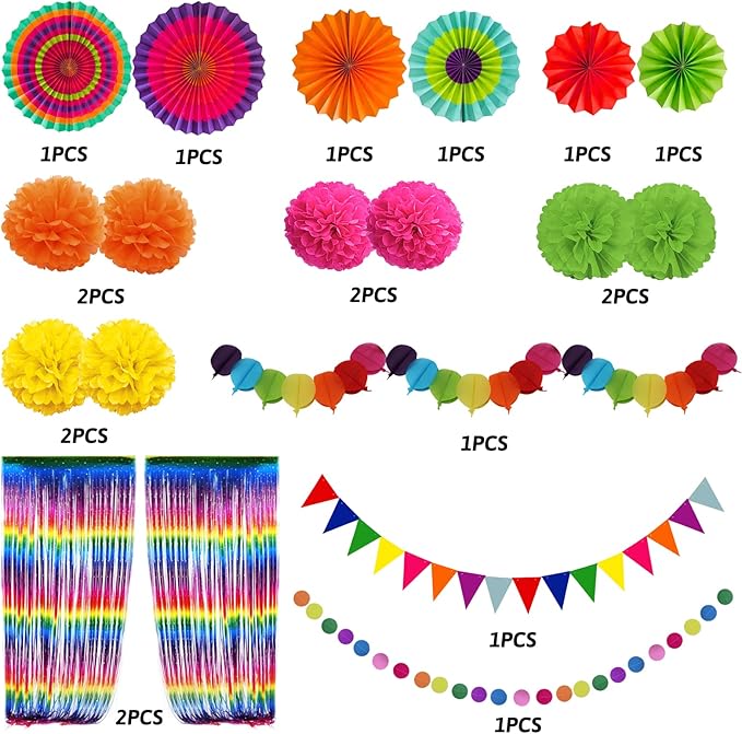 ZERODECO Fiesta Paper Fan Party Decorations Set, Multicolor Cinco De Mayo Pom Poms Pennant Garland String Banner Fringe Curtains Mexican Coco Carnivals Festivals Party Supplies
