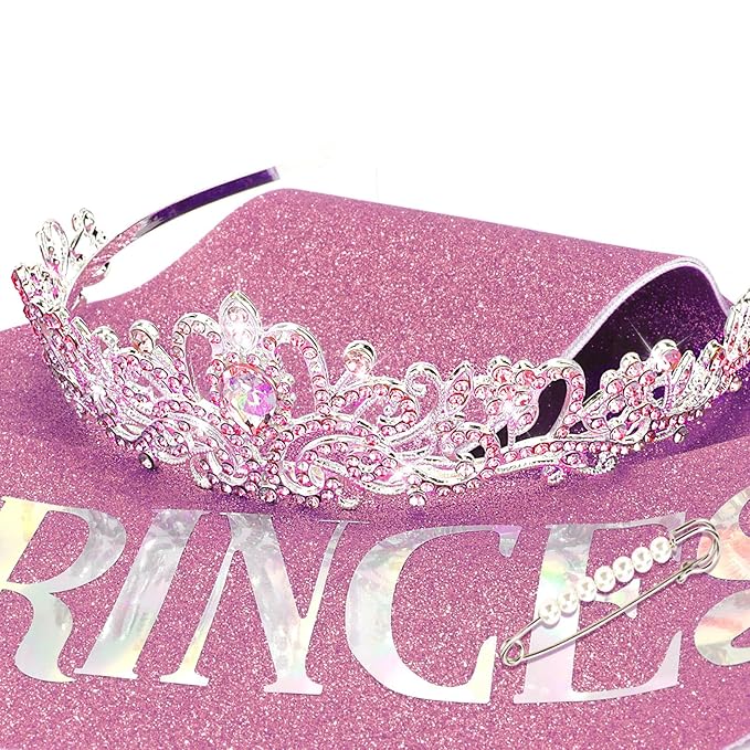 CIEHER Princess Crown and Birthday Sash Set, Pink Tiara for Women, Birthday Decorations for Girls, Gifts