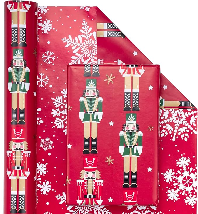 WRAPAHOLIC Reversible Nutcracker Christmas Wrapping Paper - Mini Roll - 17 Inch x 33 Feet - Red Nutcracker and Snowflake Wrapping Paper for Christmas, Holiday, Party