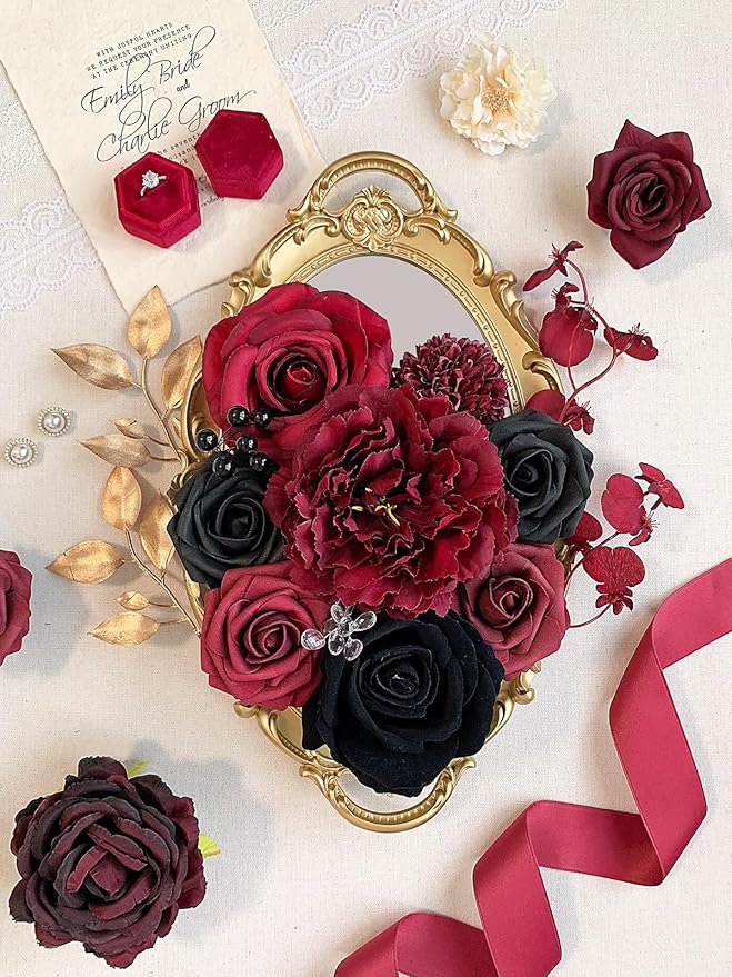 Roses Artificial Flowers Burgundy Fake Flower Bulk with Stems for DIY Wedding Bouquet Bridal Baby Shower Centerpiece Table Decorations Silk Faux Floral Arrangements Party Home Decor Red Black
