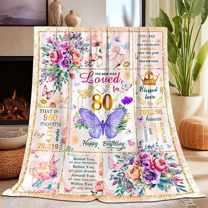 80th Birthday Gifts for Women Blanket, Fun Purple Butterfly Flower Throw Blanket Gifts Ideas for 80 Year Old Mom, 80th Birthday Decorations for Women, Super Soft Warm Plush Flannel Blankets 60"X50"