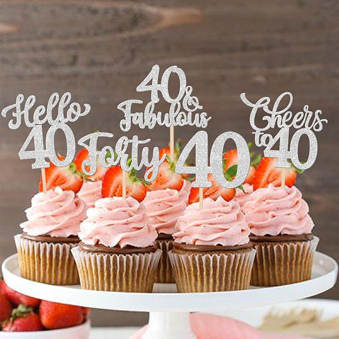 30PCS Happy 40th Birthday Cupcake Toppers Glitter Hello 40 Fabulous Forty Cheers to 40 Years Old Birthday Cupcake Picks for Happy 40th Birthday Anniversary Party Cake Decorations Supplies Silver