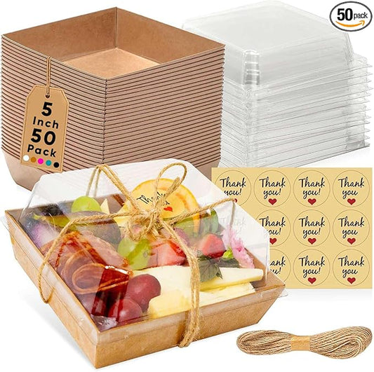 50 Pack Small Charcuterie Boxes with Clear Lids - To Go Paper Mini Charcuterie Box, Disposable Food Containers, 5Inch Dessert Boxes - Sandwich, Cookie, Sushi, Cake Slice, Strawberries (Brown)