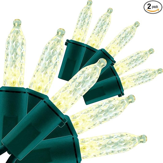 YULETIME Warm White Faceted LED Christmas Lights 200 Count 50 ft, Pack of 2 Strands 25 ft 100 Lights UL Certified Commercial Grade Green Wire Holiday String Light Set (Warm White)