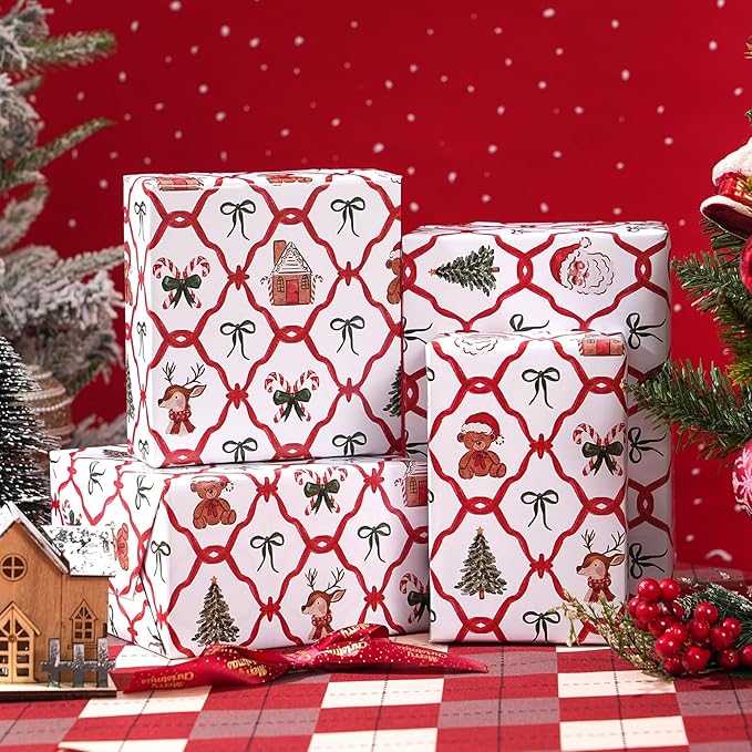 PlandRichW Christmas Wrapping Paper - Red & Green Santa Trellis with Reindeer, Gingerbread, Candy Canes & Teddy Bears - 40×28 Inch Xmas Gift Wrap, 4 Folded Sheets for Kids & Adults