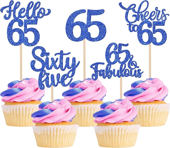 30PCS Happy 65th Birthday Cupcake Toppers Glitter Hello 65 Fabulous Sixty Five Cheers to 65 Years Old Birthday Cupcake Picks for Happy 65th Birthday Anniversary Party Cake Decorations Supplies Blue