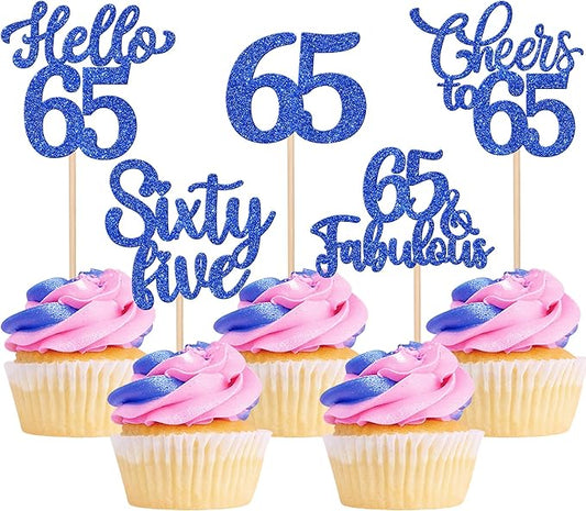 30PCS Happy 65th Birthday Cupcake Toppers Glitter Hello 65 Fabulous Sixty Five Cheers to 65 Years Old Birthday Cupcake Picks for Happy 65th Birthday Anniversary Party Cake Decorations Supplies Blue