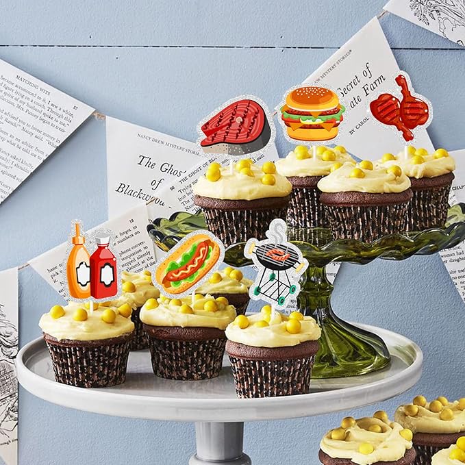 18Pcs BBQ Theme Cupcake Toppers - BBQ Time Summer Cupcake Decorations - Grilling Barbeque Burgers - Friends Family Activity Gathering Holiday Party Decorations
