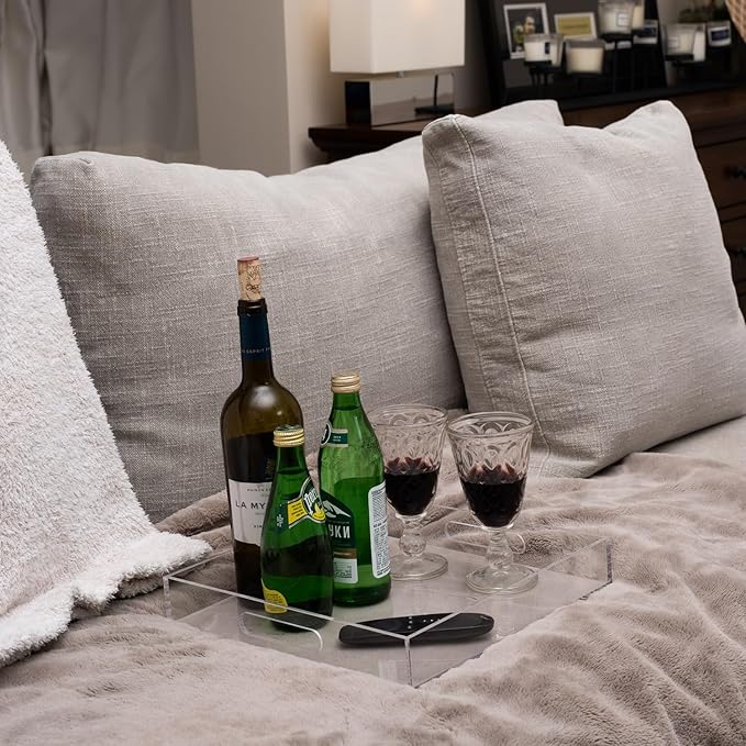 Clear Sturdy Acrylic Serving Tray with Handles 12x12x2H Inches -Spill Proof- Decorative Trays Countertop Organizer for Ottoman Coffee Table Nightstand, sidetable, Breakfast, Tea, Food