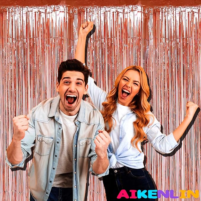 4 Pack 3.2Ft x 9.8Ft Rose Gold Foil Fringe Curtain Backdrop, Metallic Tinsel Foil Fringe Streamers Curtains for Party, Photo Booth Props, Birthday, Wedding, Christmas Party Decoration Supplies