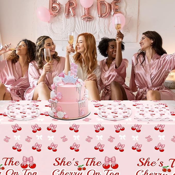 41Pcs Cherry Party Decorations,She's The Cherry On Top Theme Tableware,Cute Pink Bow Cherry Plates,Napkin,Tablecloth丨Girls Birthday Baby Shower Bachelorette Bridal Engagement Wedding Party Supplies
