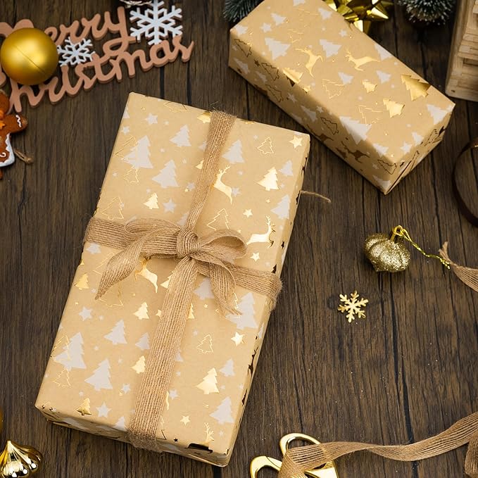 Garbendy Kraft Christmas Wrapping Paper Roll- 17 Inch X 32.8 Feet - Embossing 3D with Gold Foil Reindeer & Christams Tree Design for Christmas Holiday Party