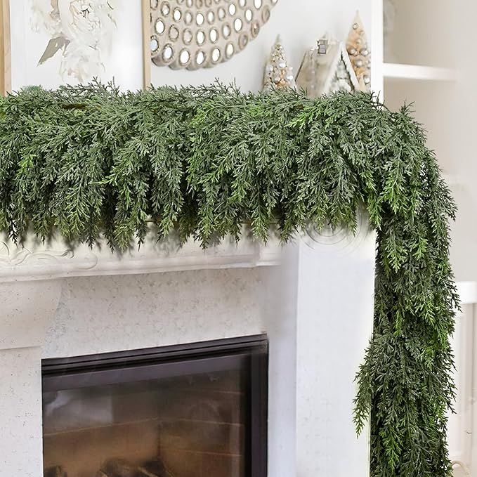 6FT Thick Christmas Garlands with 168 Cedar Branches, Real Touch Green Cedar Garland for Christmas Decorations, Artificial Greenery Garland for Table, Mantle, Wall, Indoor, Outdoor Holiday Decor