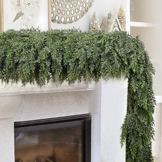 6FT Thick Christmas Garlands with 168 Cedar Branches, Real Touch Green Cedar Garland for Christmas Decorations, Artificial Greenery Garland for Table, Mantle, Wall, Indoor, Outdoor Holiday Decor