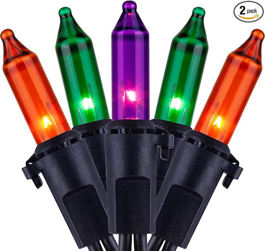 YULETIME 200 Orange Green & Purple Halloween Lights with Black Wire, Pack of 2 Sets 33 ft 100 Count UL Certified Christmas String Lights (Orange, Green & Purple)