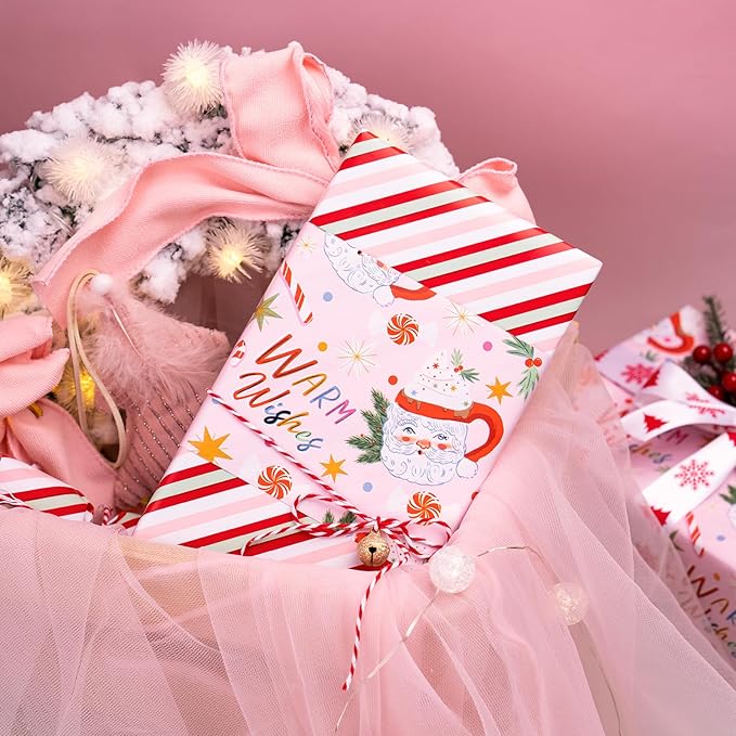 WRAPAHOLIC Reversible Christmas Wrapping Paper - Mini Roll - 17 Inch x 33 Feet - Santa Claus Cup and Stripe Wrapping Paper for Chrsitmas, Holiday, Party Celebration