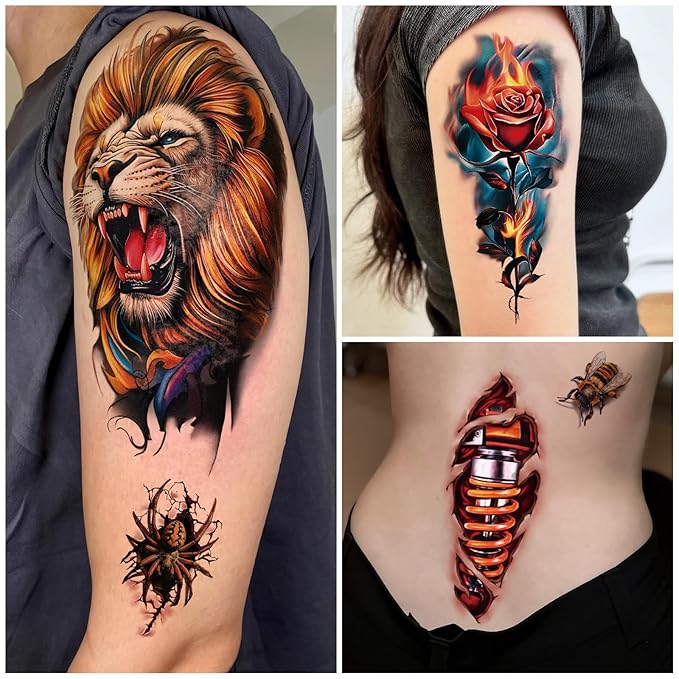 77 Sheets 3D Realistic Temporary Tattoos Adults Kids, Realistic Skull Tiger Wolf Lion Dragon Spider Snake Temporary Tattoos For Women Men, Half Arm 3D Halloween Temp Tattoos Look Real And Last Long