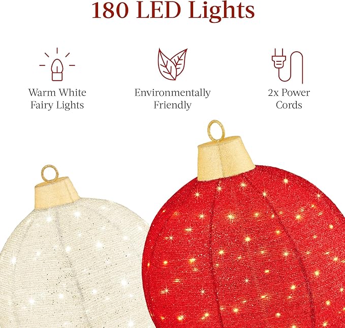 Best Choice Products 2pc Lighted Pop-Up Outdoor Christmas Ornament Set, Holiday Ball Decoration w/ 180 LED Lights, 8 Light Functions - Red/White