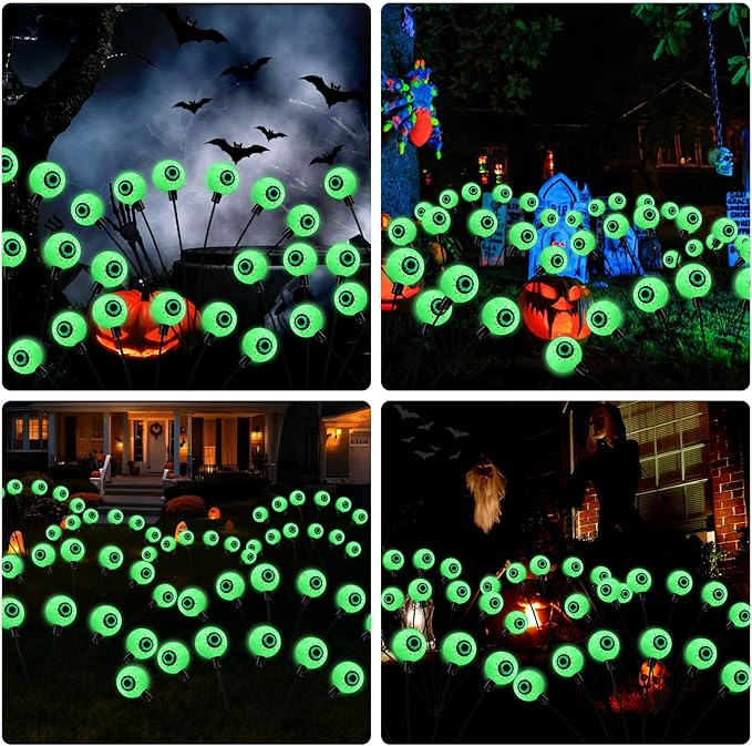 AIKEI Solar Halloween Lights Outdoor, Solar Scary Eyeball Lights, 2 Pack 12 LED Eyeball Swaying Firefly Lights,Waterproof Halloween Decoration for Yard Garden Party Supplies,Green Lights