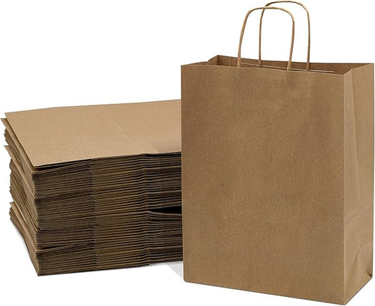 Prime Line Packaging Brown Paper Bags with Handles, Medium Kraft Gift Bags for Small Business, Shopping, Boutiques, Retail Store, Bulk, 10x5x13, 100 Pack