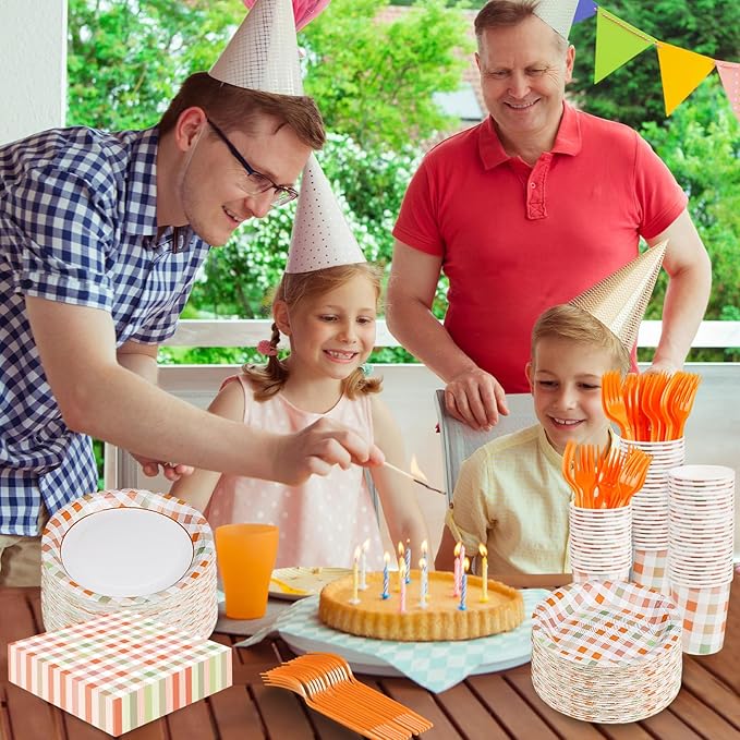 Orange Gingham Plates and Napkins Party Supplies,Orange and White Disposable Tableware Set,Checkeorange Plaid Paper Plates for Birthday Family Dinner Picnic Barbecue Baby Shower Decor Serves 25