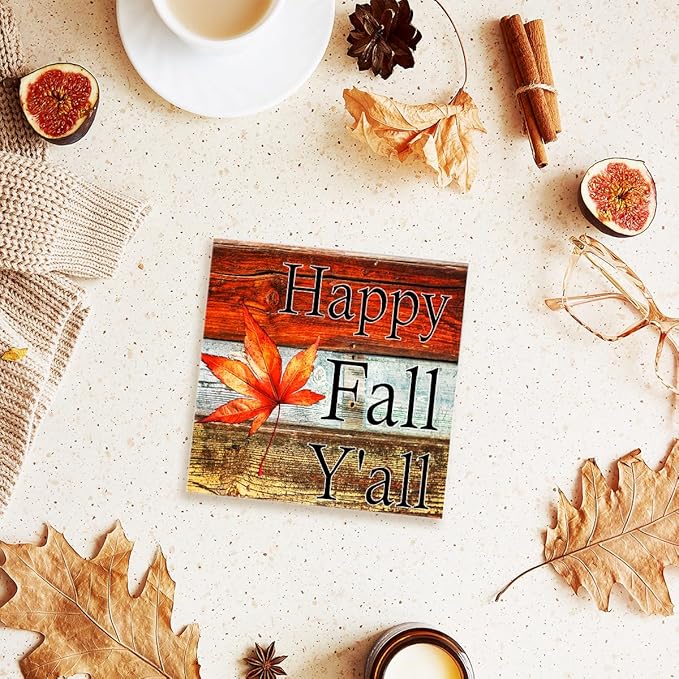 Funny Autumn Maple Leaves Wood Box Sign Happy Fall Y'all Wooden Block Desk Decor for Home Office Kitchen Cubicle Table Shelf Tabletop,Farmhouse Fall Sign Decor