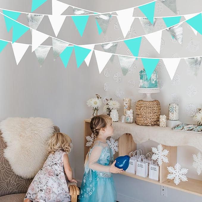 32Ft Teal Blue Silver Party Decorations Silver Aqua Green Fabric Pennant Triangle Banner Flag Streamer Garland for Under The Sea Birthday Ocean Baby Shower Summer Gender Reveal Party Decor Supplies
