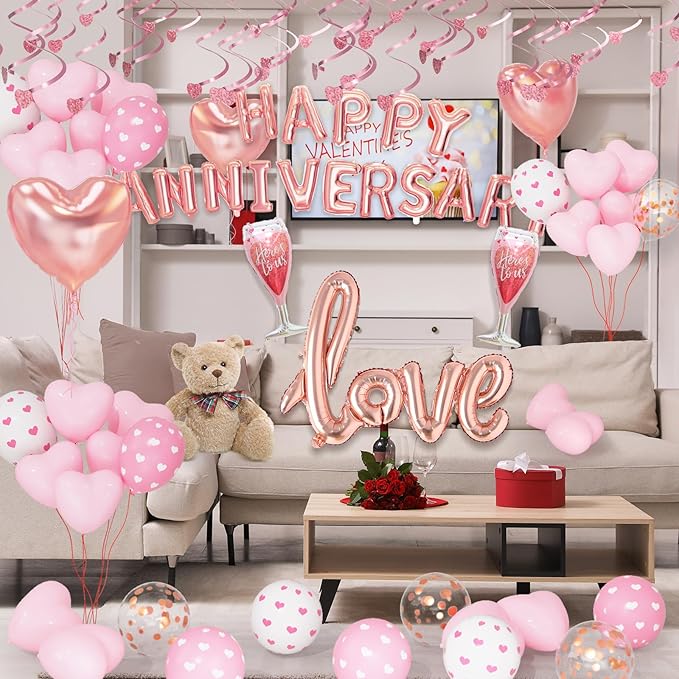 Bonropin Pink Valentine's Day & Anniversary Decorations: 36 Latex Balloons, 1 Glass Balloon, 1000 Rose Petals, Glue & More