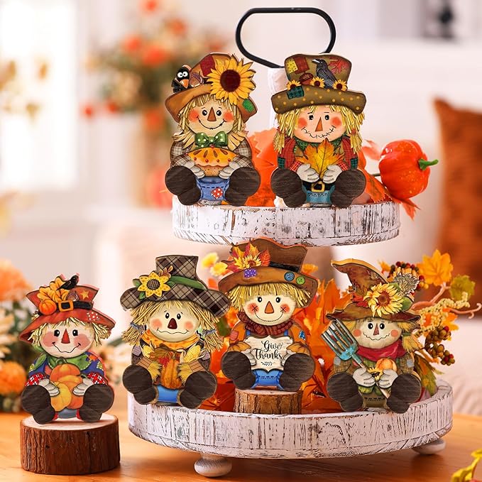 6 Pcs Thanksgiving Scarecrow Decorations Fall Wooden Scarecrow Table Centerpieces Autumn Standing Wooden Block Signs for Home Kitchen Tabletop Thanksgiving Tiered Tray Decor