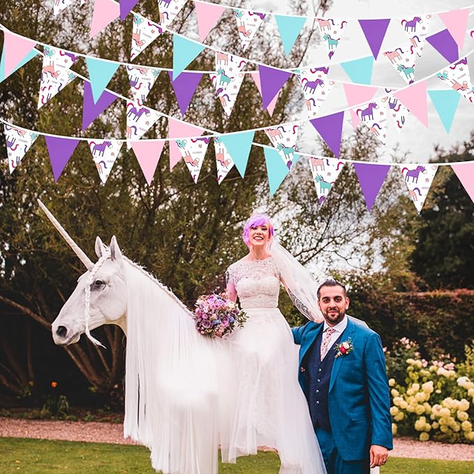 32Ft Pink Purple Blue Pennant Banner Fabric Triangle Flag Bunting Garland for Rainbow Theme Summer Decor Magical Birthday Wedding Party Home Outdoor Garden Hanging Decorations
