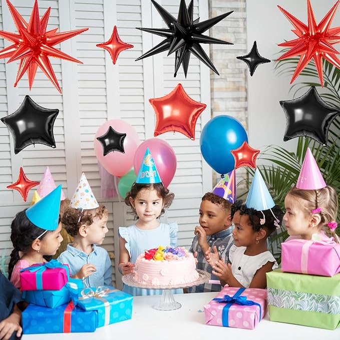 16 Pcs Red Black Star Balloons, 22/18/10 Inch Foil Balloons, Explosion Conee Four-Pointed Balloon for Kids Birthday Graduation Prom Wedding Baby Shower Casino Party Decorations