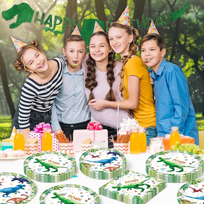 142 Pcs Watercolor Dinosaur Party Supplies Dinosaur Theme Birthday Party Decoration Includes Plates Cups Napkins Knives Forks Spoons Tableware for Boys Birthday,Serves 20 Guests