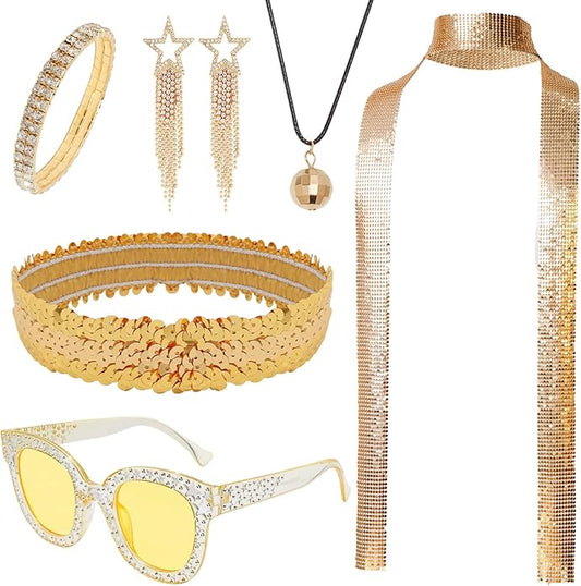 6 Pcs 70s Women Disco Accessories Sequin Scarf Headband Bracelet Necklace Earrings Sunglasses for Halloween Disco Costume