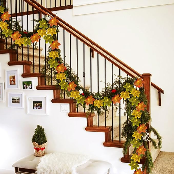 Fall Garland with Lights,13.5ft 35 LED Fall Decor String Lights with Orange Green Yellow Leaf Lights,Thanksgiving Decorations Garland for Home Porch Front Door Table Mantel Halloween Decor