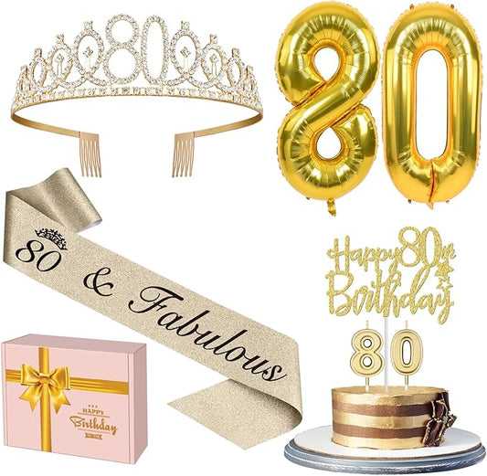 80th Birthday Decorations for Women Gold with 80th Birthday Sash and Tiara, Cake Topper and Candles, Number Balloons, 80 Year Old Gifts for Women