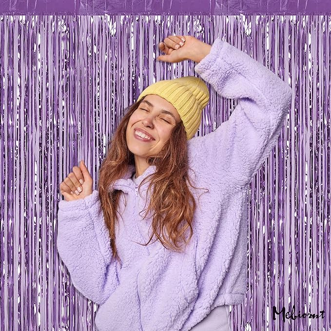 4 Pack Light Purple Fringe Curtain Backdrop, 3.2Ft x 9.8Ft Metallic Tinsel Foil Fringe Streamers Background for Photo Booth Birthday Wedding Baby Shower Carnival Easter Mother’s Day Party Decorations