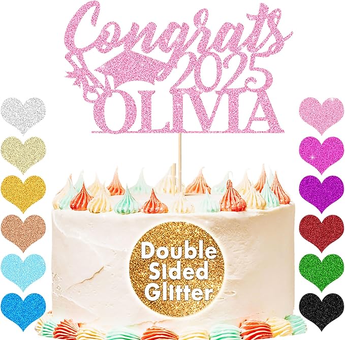 Personalized Cake Topper Custom Congrats Graduation Hat Student Class of 2025 Double Sided Glitter Card with Any Name (Baby Pink)