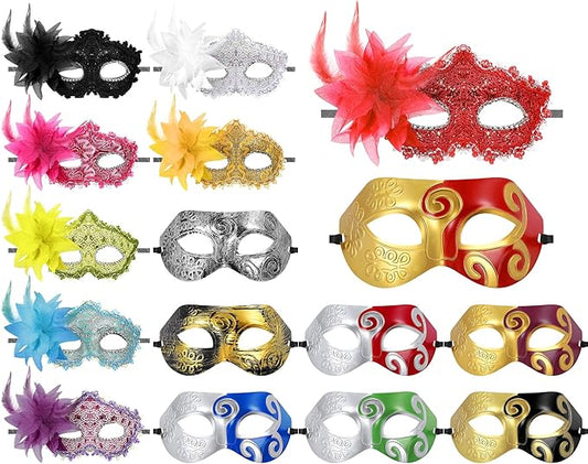 Sratte Couple Masquerade Mask with Feather Flower Unisex Half Face Venetian Mask for Mardi Gras Party