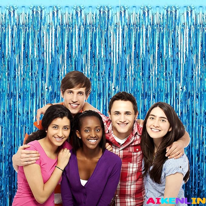 4 Pack Lake Blue Foil Fringe Curtain Backdrop, 3.2Ft x 9.8Ft Metallic Tinsel Foil Fringe Streamers Curtains for Party, Photo Booth Props, Birthday, Wedding, Christmas Party Decoration Supplies