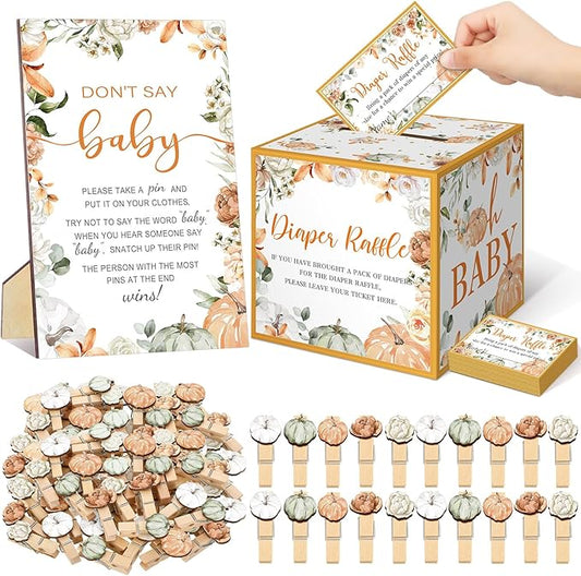 102 Pcs Baby Shower Game Supplies Diaper Raffle Tickets with Diaper Raffle Card Box Don't Say Baby Sign Mini Clothespin Shower Game Decor for Gender Reveal(Little Pumpkin)