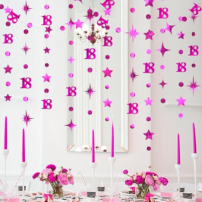 Hot Pink 18th Birthday Decorations Number 18 Circle Dot Twinkle Star Garland Metallic Streamer Banner Backdrop for Girls Happy 18th Birthday Time to Adult Cheers to 18 Years Old Anniversary Party