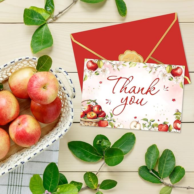 Whaline 24 Pack Apples Floral Thank You Card Greeting Cards with Envelopes Stickers Apples Flower Blank Note Cards for Birthday Baby Shower Party Supplies