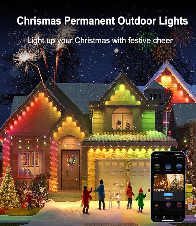 Permanent Outdoor String Lights, 50ft RGBW+IC Smart LED Eaves Lights Waterproof IP67, App & Remote Control, Multi-Colored DIY Scene Lighting for Halloween Christmas House Year-Round Decor