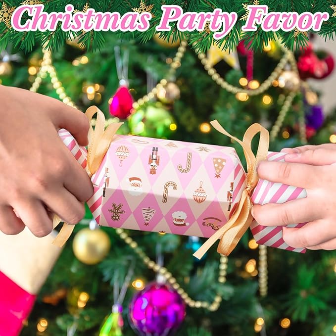 Xinnun 50 Packs Christmas Cracker Kit No Snap Xmas Party Table Favors Snowflake Reindeer DIY Christmas Party Cracker Candy Boxes for Holiday Dinner Decoration Gift(Pink Style)