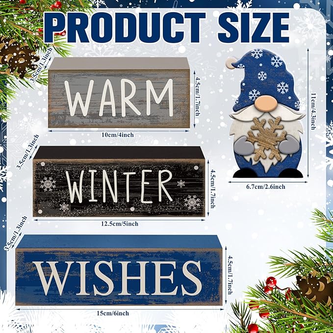 4 Pcs Christmas Table Decorations Wooden Gnome Decor Winter Tiered Tray Decor Christmas Centerpiece Rustic Decorative Gnome Snowflake Block Sign Gift Farmhouse Xmas Signs for Home Kitchen