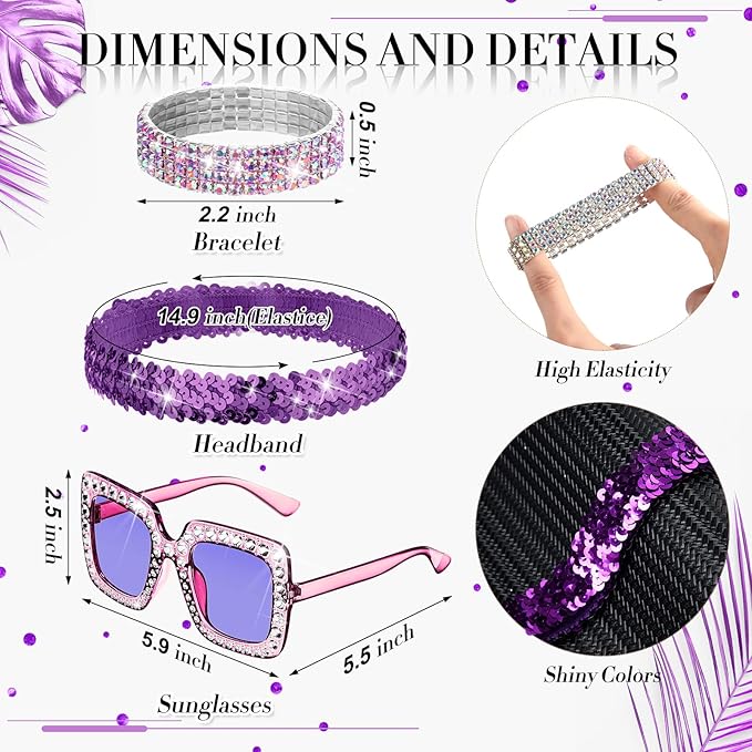 Sasylvia 5 Pcs 70s Disco Accessories Halloween Women Costume Jewelry Sequin Scarf Earrings Sunglasses Bracelet Headband