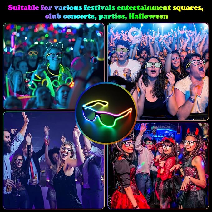 YouRfocus Wireless Led Light up Glasses Multi-Color Glow in the Dark Neon Rave Glasses for Rave Party, EDM, Halloween Costumes(6 Colors)