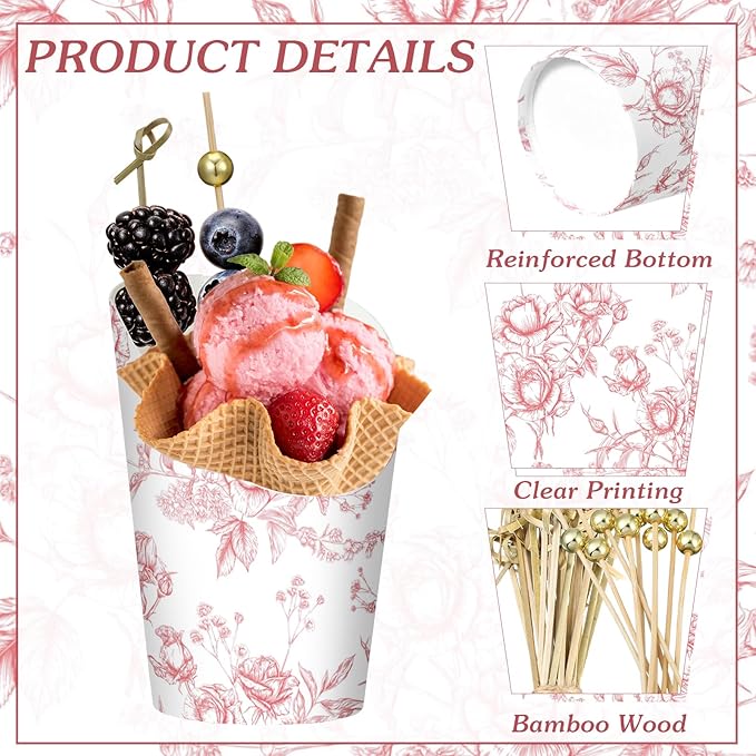 Tioncy 250 Pcs Charcuterie Cups with Cocktail Picks Sets, Bridal Shower Decoration 50 Charcuterie Cups with 200 Sticks for Wedding Baby Shower Floral Boho Witch Party Decorations(Pink,Flower)